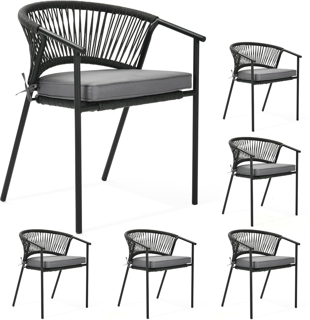 YITAHOME Outdoor Patio Chairs Set of 6, Stackable Dining Chairs Rattan Wicker Outdoor Patio Furniture Set with Cushion All Weather Bistro Chair for Garden Backyard Porch Poolside (Grey)