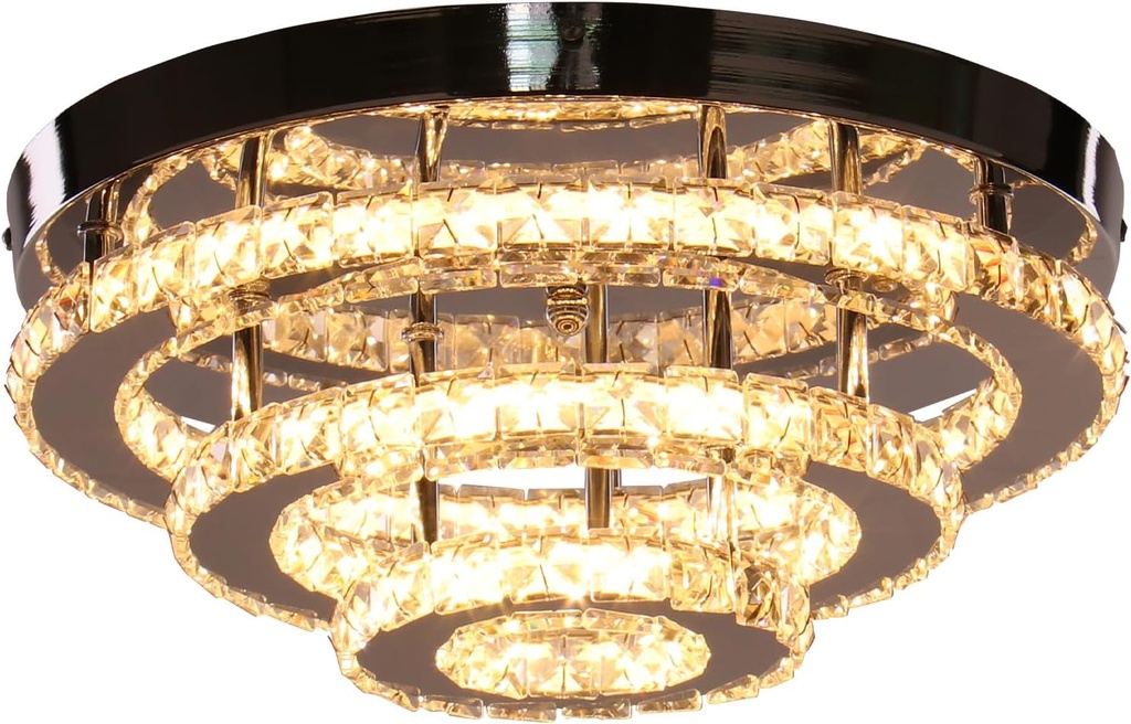 Modern LED Crystal Chandeliers 3-Tier Flush Mount Ceiling Light Fixture Round LED Crystal Chandelier Light for Bedroom Bathroom Kitchen Office(Warm White)