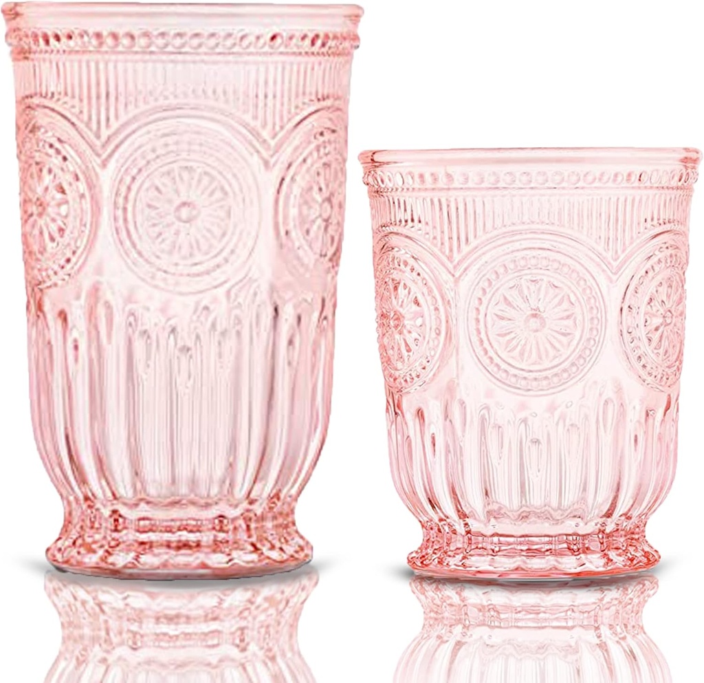 Vintage Sunflower Emboss Pink Glassware Set - 6 Tumblers & 6 Small Cups - Matching Pink Drinking Glasses for Party
