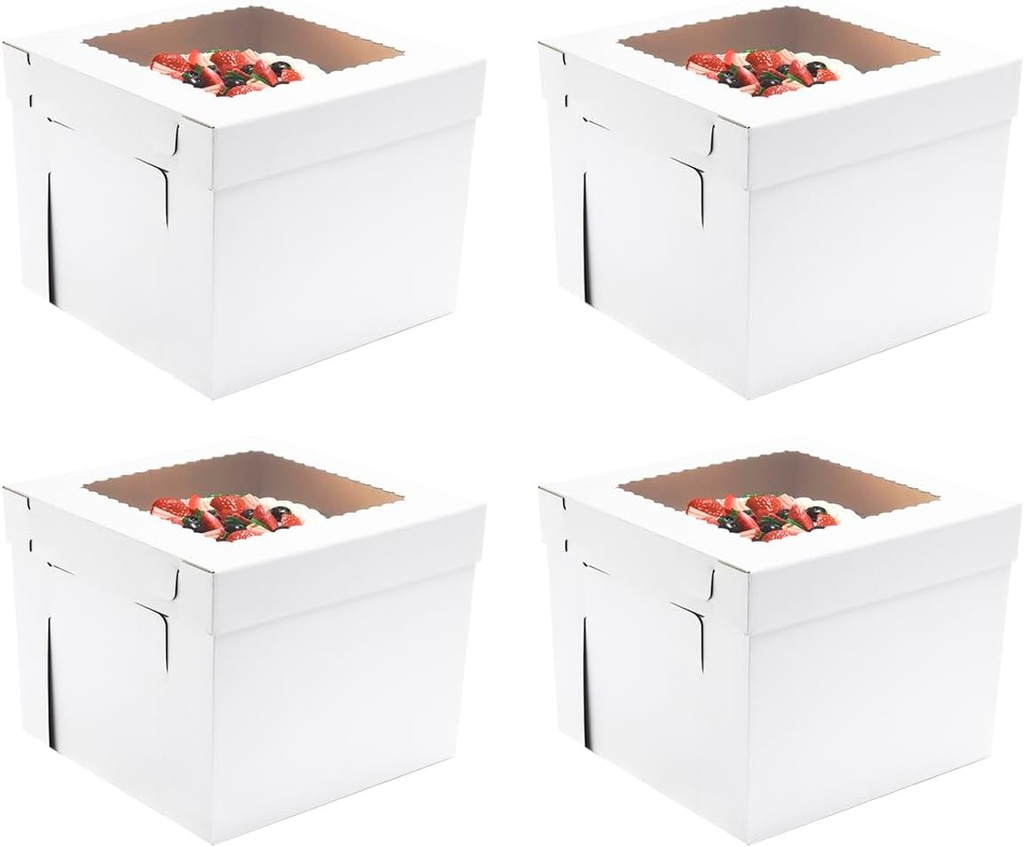 JJO Tall Cake Boxes for Tier Cakes, 14x14x12 Inches 4 Pack,White Bakery Boxes with Window,Disposable Cake Containers, Sturdy Wedding Tall Cake Carrier, Layer Cake Carrier