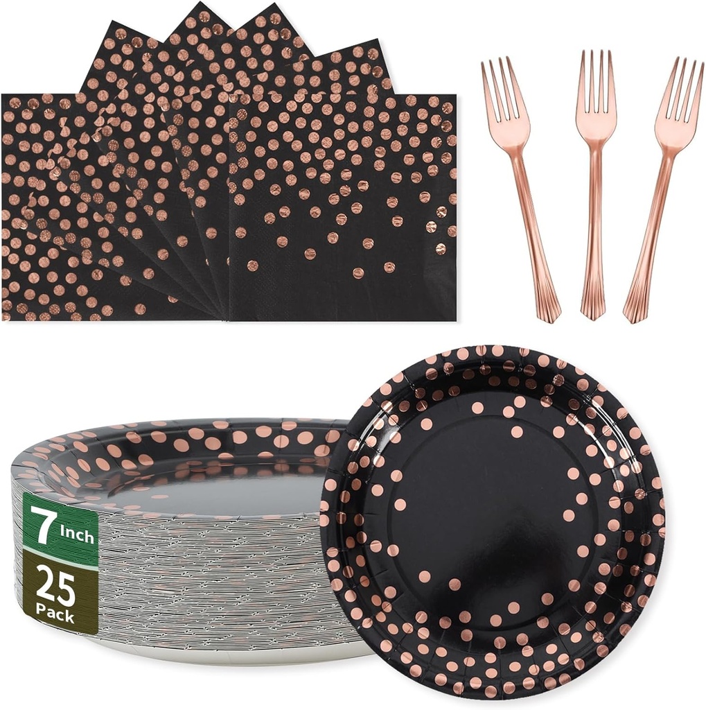 Black and Rose Gold Paper Plates and Napkins Party Supplies,25 x 7''Dessert Plates & 25 x 6.5''Napkins & 25 x 6.3''Forks,Disposable Paper Tableware Set for Birthday,Anniversary,Retirement(Serve 25)