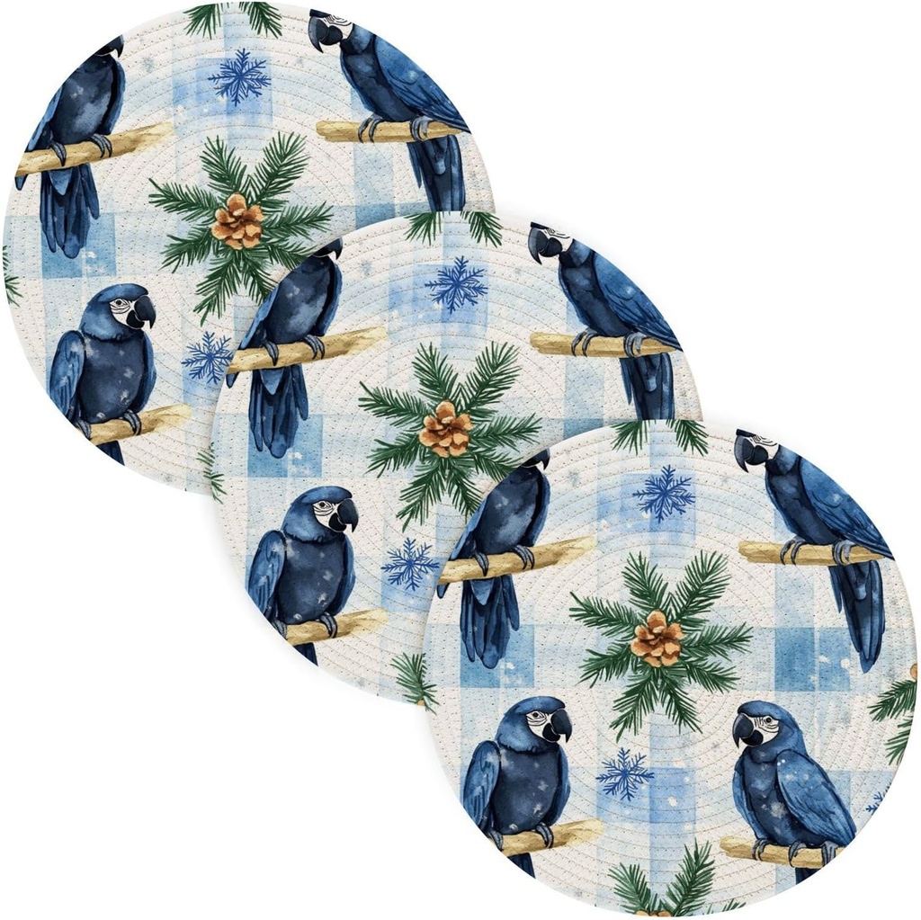 3 Pcs Trivet Pot Holder for Hot Dishes 15in Cotton Thread Weave Heat Resistant Hotpads for Crock Pot Hot Water Pad Black Hyacinth Macaw Buffalo Plaid Snowflakes Christmas