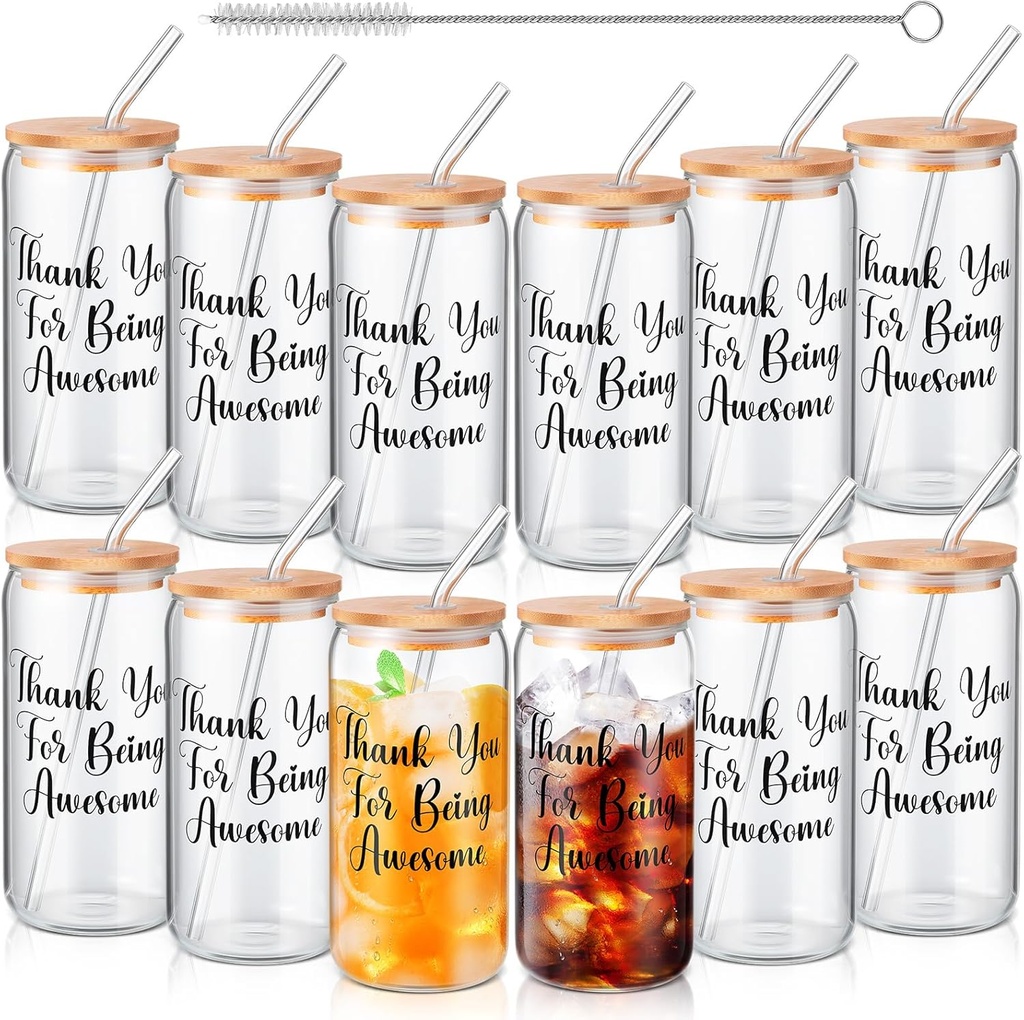 Uiifan 12 Employee Appreciation Gifts Thank You Gifts for Staff Coworker Thank You Glass Cups 20 oz Ice Coffee Glasses with Lids Straws Brushes for Team Women Men
