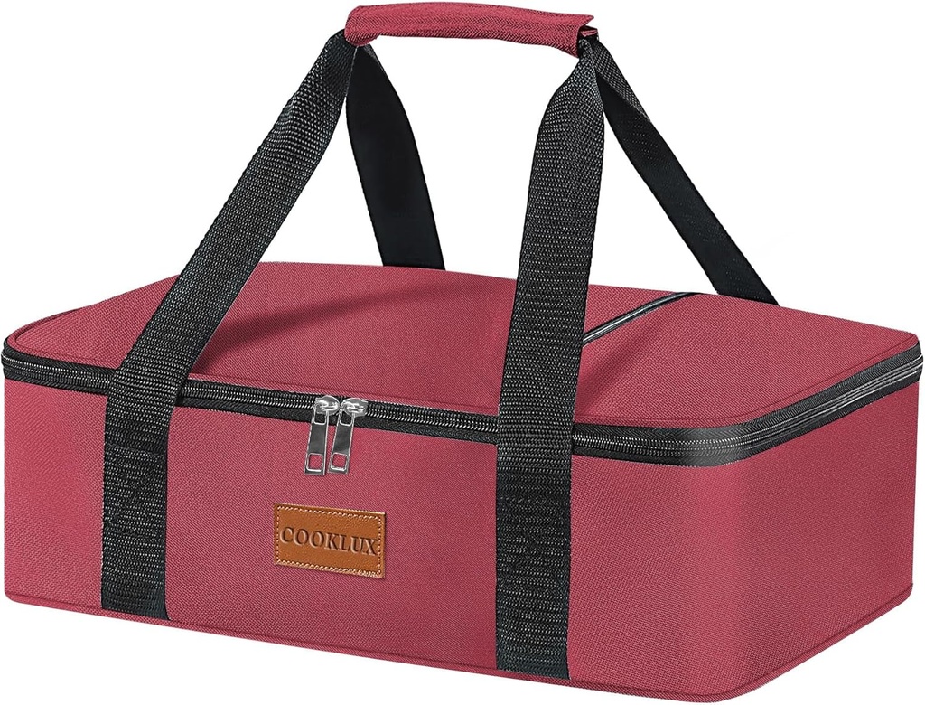 Burgundy Insulated Carrier for 9x13 Food, Perfect for Travel/Picnic/Party, Durable Nylon, Leak-Proof Single Layer