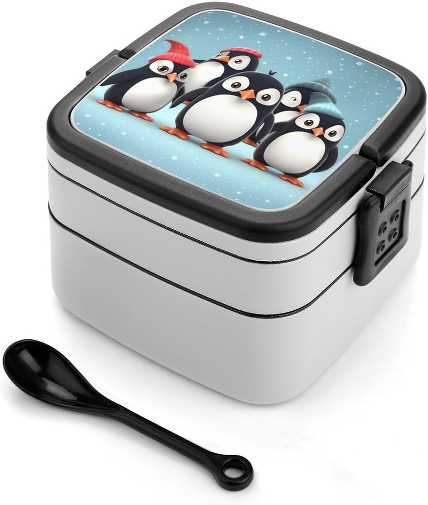 All-in-One Bento Box Stackable Leak-Proof Lunch Box With Carry Handle 2 Layer Portable Meal Prep Container Cute Penguins Lunchbox with Utensils for Dining Out Work
