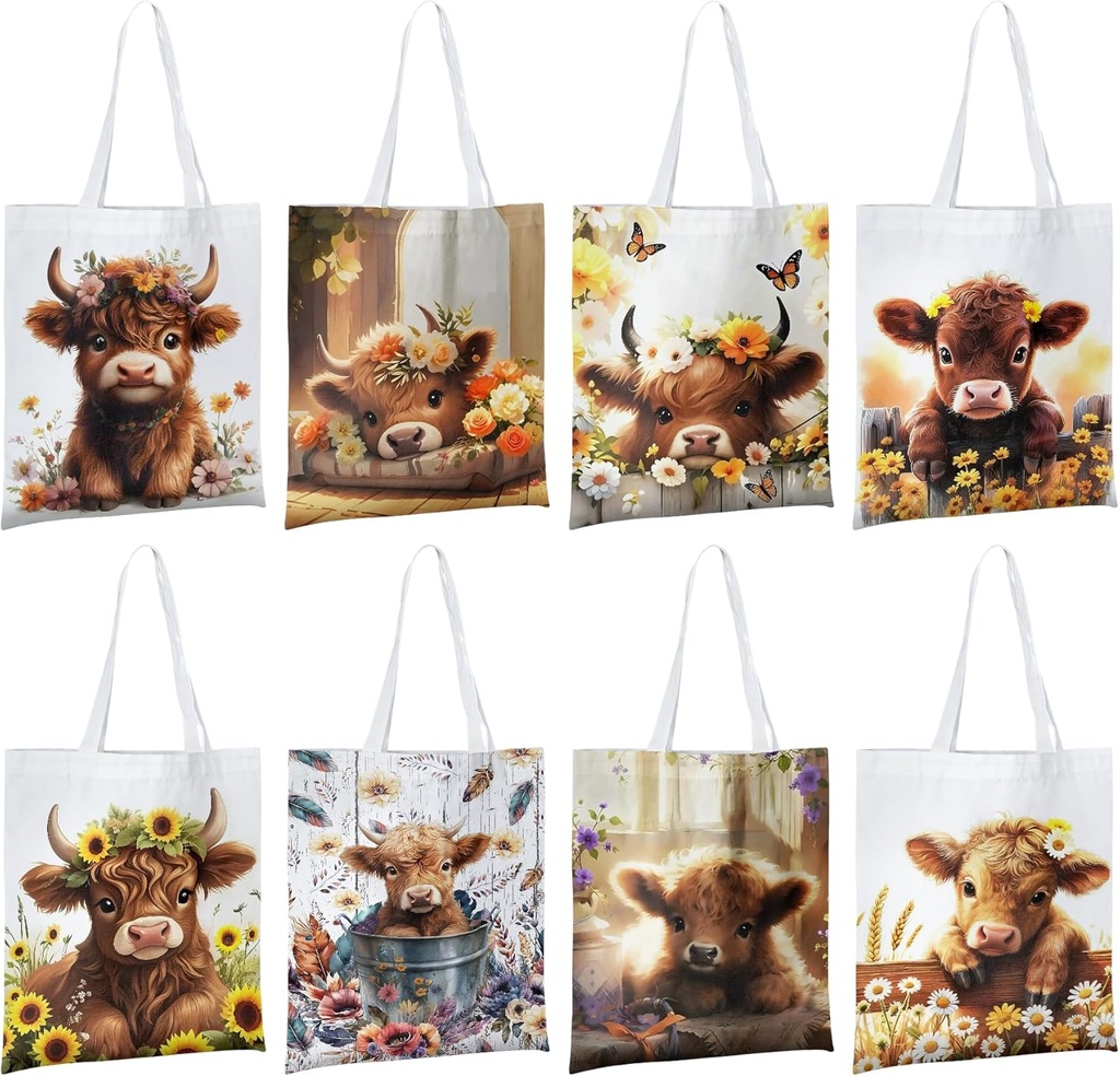 8 Pcs Christmas Highland Cow Tote Bags for Women Western Highland Cow Shoulder Bags Reusable Grocery Bag for Travel Work Shopping Cows Lovers Gifts