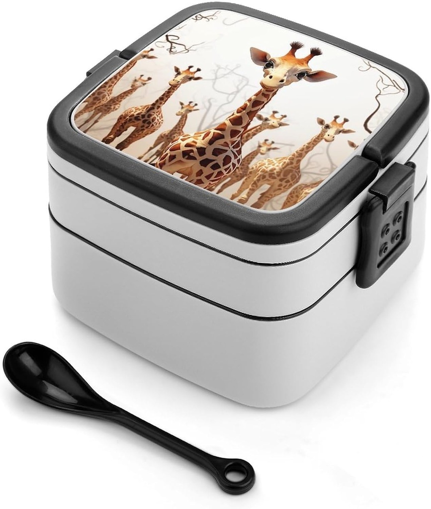 Cute Cartoon Funny Giraffes Bento Box Adult Stackable 2 Layers Containers Reusable Leakproof Lunch Containers for Adults Travel 33oz Lunchbox with Spoon Portable Bento Boxes, Microwave Dishwasher Safe