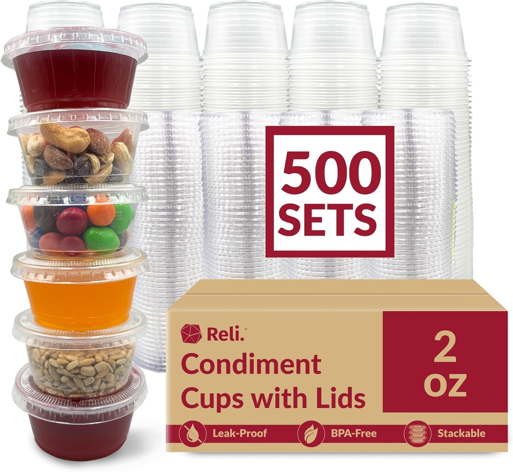 Reli. 2 oz Small Containers with Lids (500 Sets) | Jello Shot Cups with Lids | Clear Plastic Condiment Container | Portion Cups, Sauce, Souffle | Stackable | Bulk