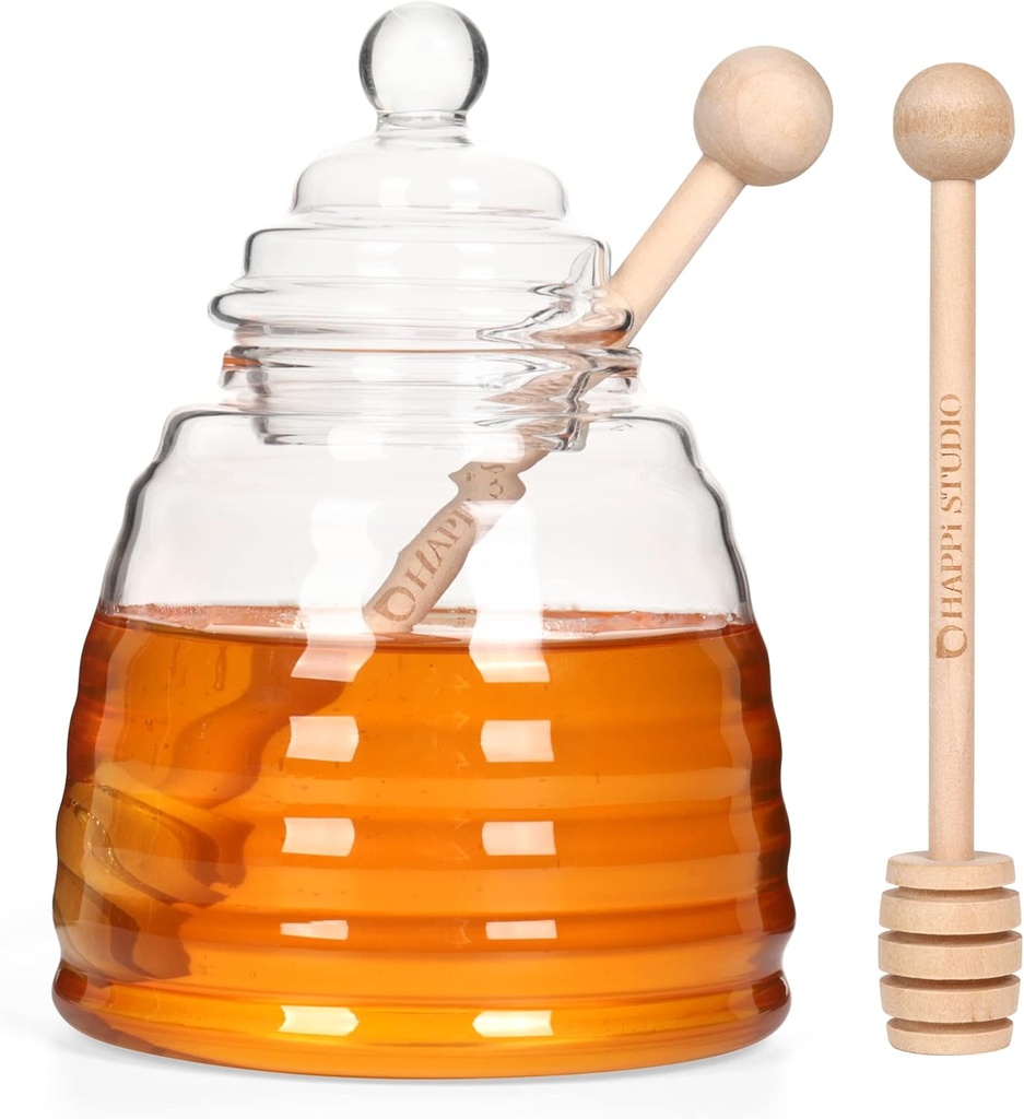 Glass Honey Jar with 2 Dippers – Honey Pot Dispenser for Tea, Coffee & Breakfast – Clear Honeypot with Lid – Elegant Glass Honey Container for Kitchen & Gifting 13.5 Oz