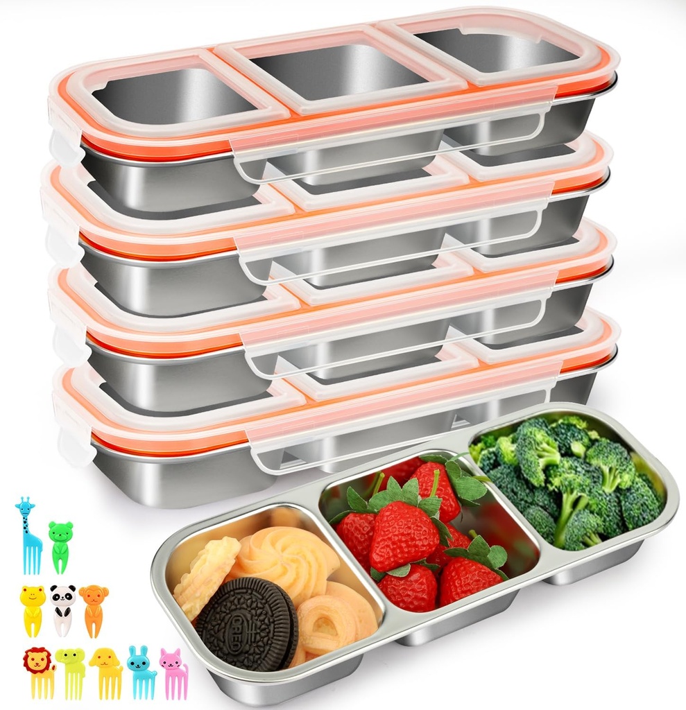 4 Pack Stainless Steel Snack Containers With Lids,Leak Proof Metal Bento Lunch Box with 3 Compartments,Reusable Lunch Meal Prep Containers for office,Work,Travel,Stackable lunchable Snack Box