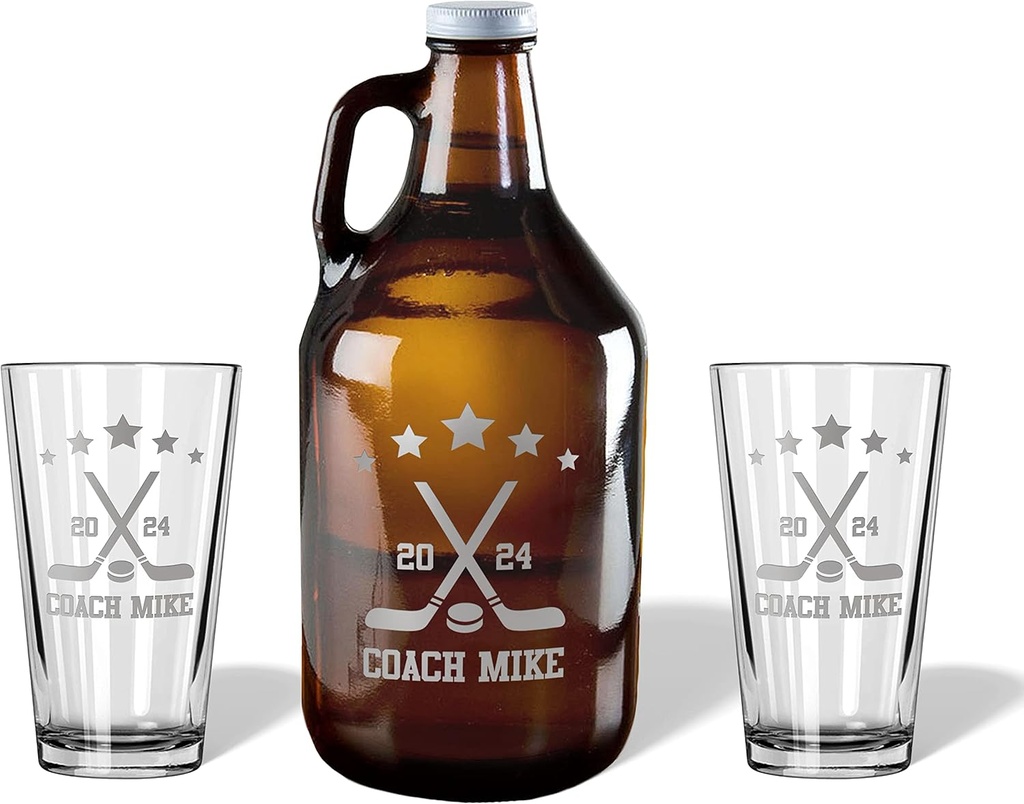 Hockey Coach Gift - Engraved Pint Glass, hockey sticks personalized, Thank you, Coaches, Beer Glass, athletic mug for men by Alterd Industries (Hockey, Growler Gift Box)