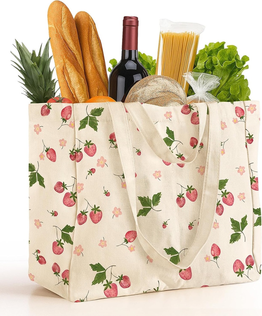 Large Canvas Grocery Tote Bag - Reusable Extra Large Shopping Shoulder Bags with 6 Inner Pockets & 2 Handle Strap