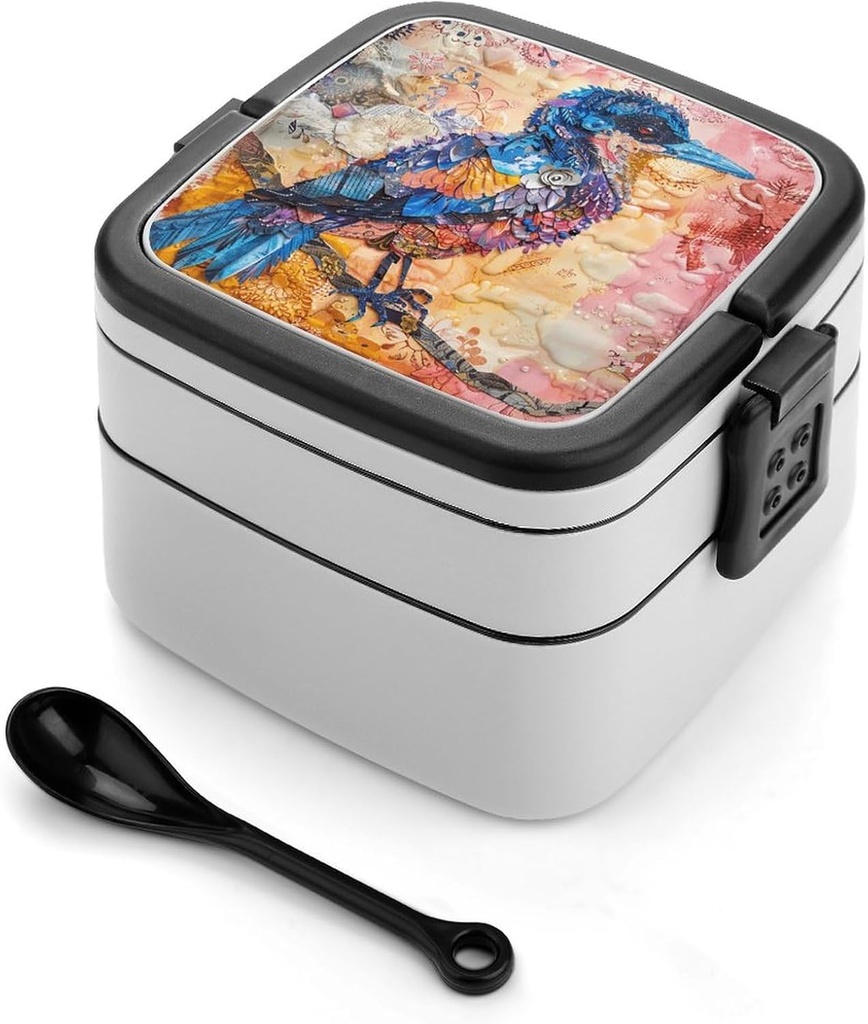 Bento Lunch Box for Women Lunch Containers for Adults Ink Style Bird Double Layered Lunchbox Large Capacity Bento Box with Cutlery for Work Picnic Camping Travel