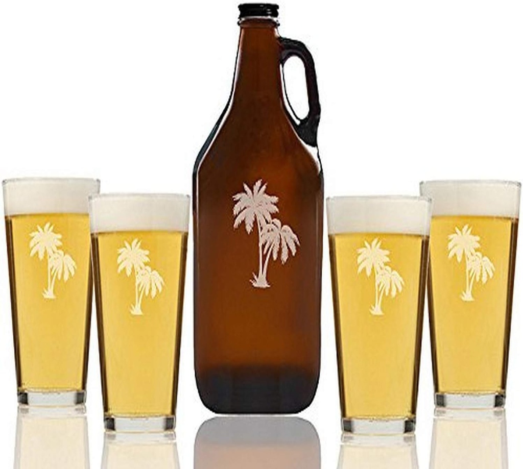 "Palm Tree Mason" Beer Amber Growler & pint Glasses, Set of 5