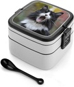 All-in-One Bento Box Stackable Leak-Proof Lunch Box With Carry Handle 2 Layer Portable Meal Prep Container Black And White Cat Lunchbox with Utensils for Dining Out Work
