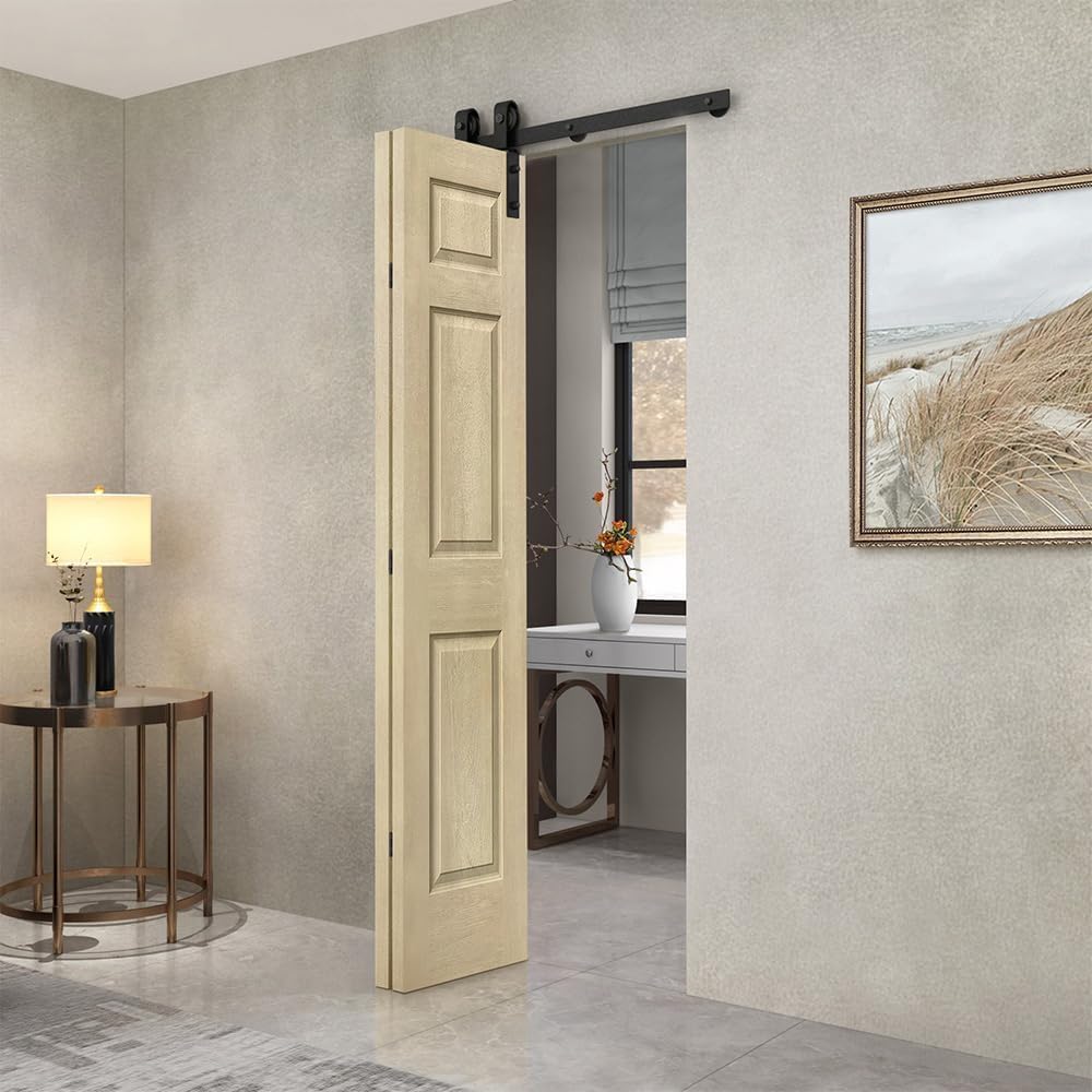 36 in. x 80 in. Vintage Cream Stain 6 Panel MDF Composite Bi-Fold Barn Door with Sliding Hardware Kit