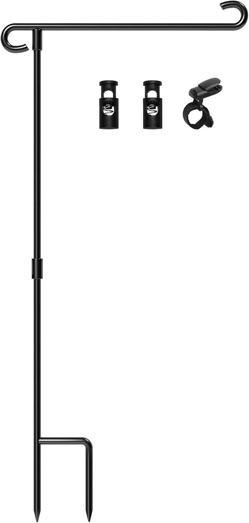 HOOSUN Garden Flag Stand Holder Pole Easy To Install Strong Sturdy Wrought Ion Fits 12.5" x 18" Mini Flag With 1 Tiger Clip Curved Hook With S Type (1)