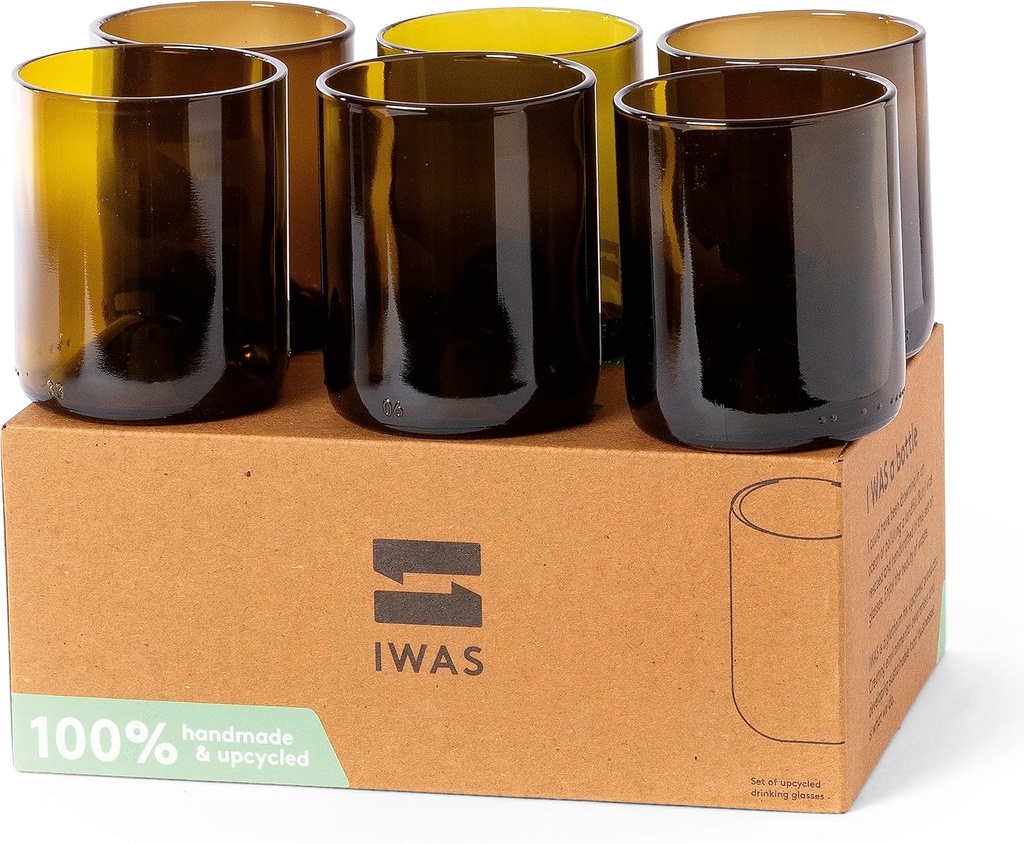IWAS Upcycled Olive Drinking Glasses | 250 ML | 8.45 OZ | Set of 6 | Sustainable Water Glasses | Environmentally Friendly Dark Brown Glasses For Home