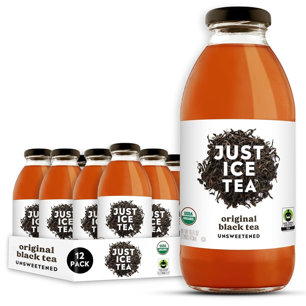 Just Ice Tea Organic Iced Tea, 16 Fl Oz Glass Bottles (Unsweetened Original Black Tea, Pack of 12)