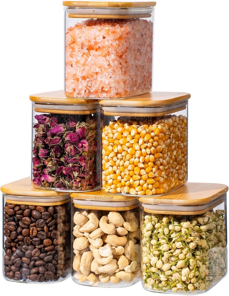 26oz 6PCS Rectangle Glass Pantry Containers with Lids, Glass Jars with Lids, Clear Food Storage Jars, Small Canister for Salt, Pepper, Spices, Nuts, Loose Tea, Coffee, Sugar, Candy