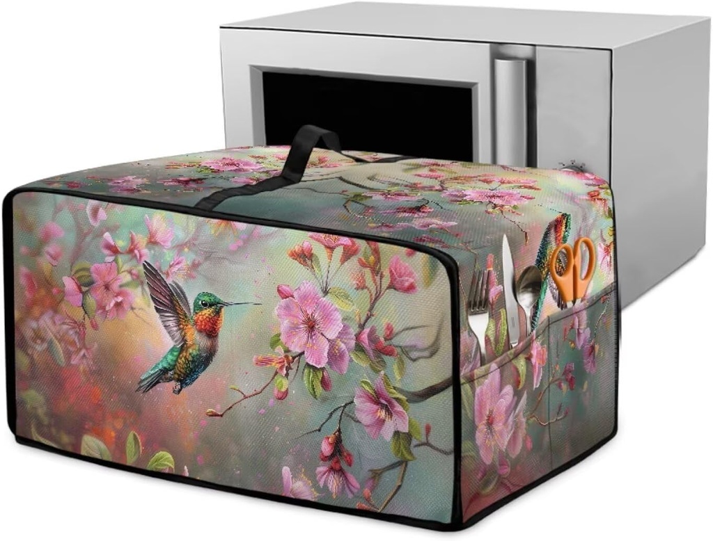 Hummingbird Print Bread Maker Machine Covers Peach Blossom Print Toaster Oven Air Fryer Dust Cover Heavy Duty Kitchen Small Appliance Protector with Accessory Pockets, M