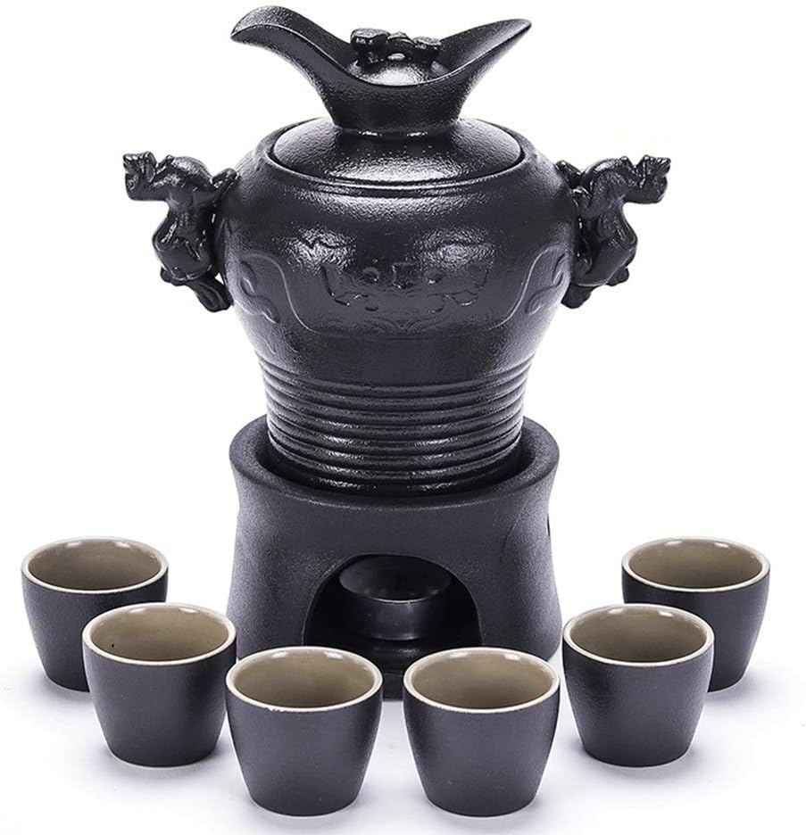 8-Piece Sake Set, Black Ceramic Chinese Dragon Design Wine Glass Set with Warming Pot and Candle Stove, Quaint Texture Best Gift for Family and Friends-Combination Sets