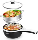 Dezin Hot Pot Electric with Steamer Upgraded, Non-Stick Sauté Pan, Rapid Noodles Electric Pot, 1.5L Mini Pot for Steak, Egg, Fried Rice, Ramen, Oatmeal, Soup with Power Adjustment