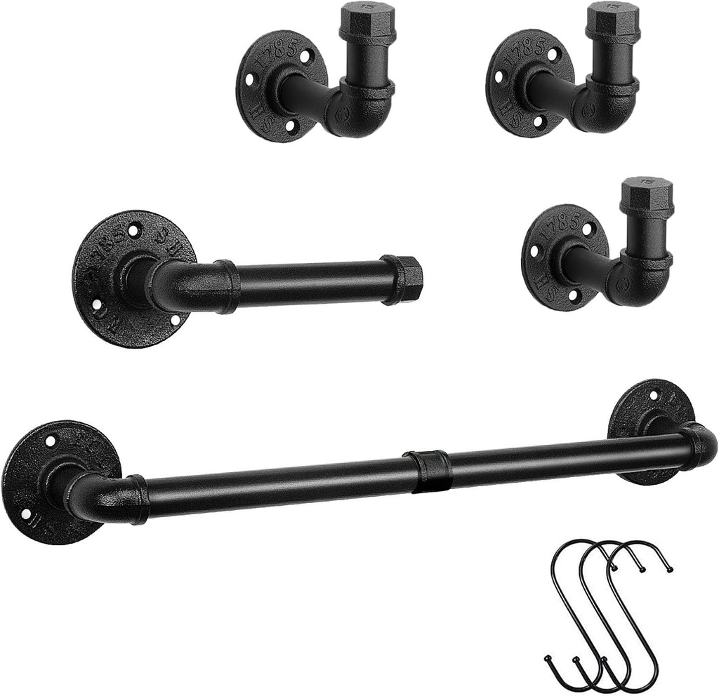 Industrial Iron PipeTowel Rack Set, Bathroom Accessories Hardware Wall-Mounted 5 Pieces Includes Towel Bar, Toilet Paper Holder and 3 Robe Hooks (Black, 18 Inch)