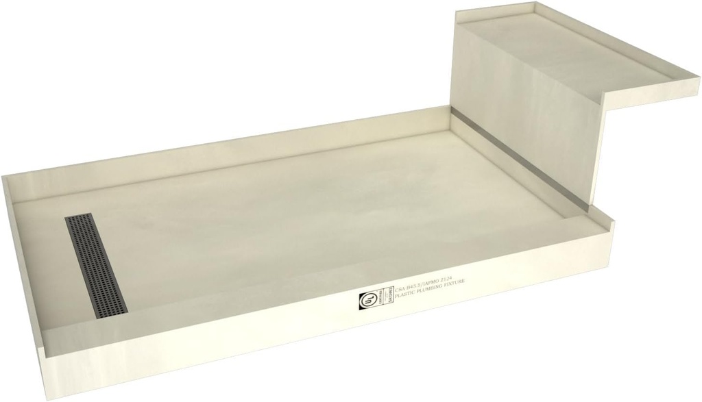 Tile Redi RT3048L-SQBN-RB30-KIT Shower Pan and Bench with Left Drain- Single Curb Shower Base, Bench, 2" PVC Drain, and Grate Included, 60" Width x 30" Depth