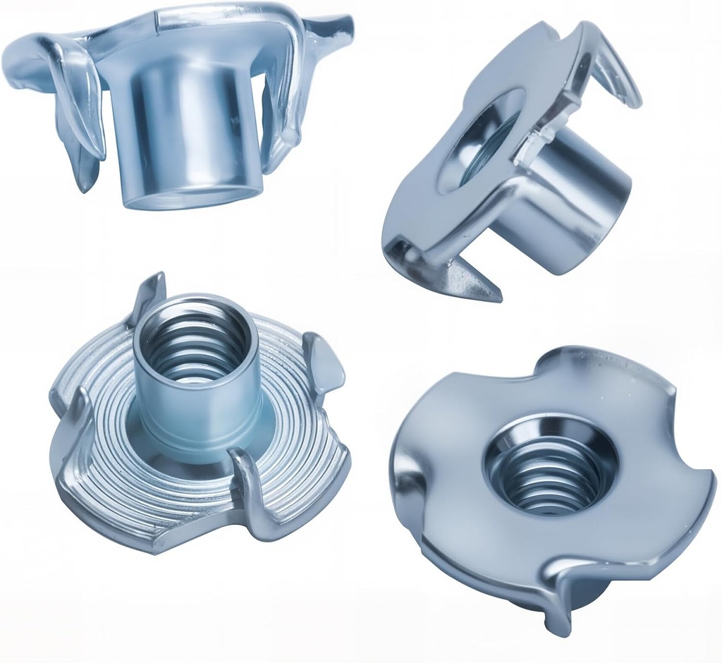 1/4"-20 T-Nuts (100 Pack), T-Nut 4 Pronged Tee Nut Zinc Plated Steel, Durable Threaded Insert Tee Nut for Wood, Rock Climbing Holds, Cabinetry,Furniture (1/4)