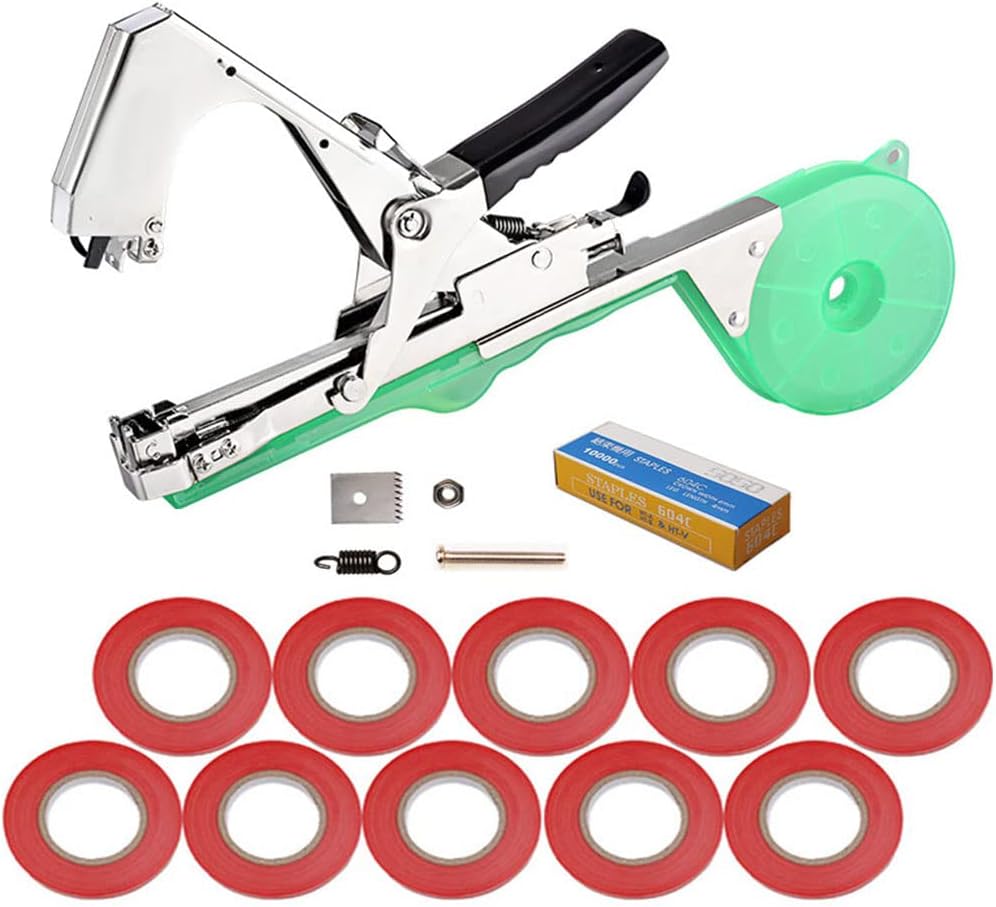 Plant Tying Machine, Gardening Tape Tool Plant Ties, Hand Garden Tools Set, Garden Plants Tool with 10 Rolls Tape and 1 Box Staple for Grape Tomatoes, Vegetable, Cucumber and Flower (Green)