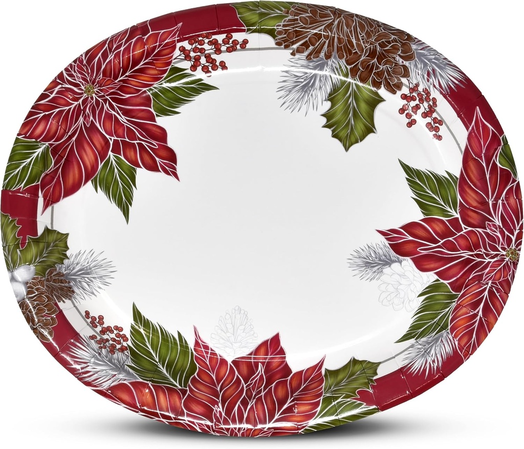 Gift Boutique 50 Count Christmas Poinsettia Greenery Oval Plates 10" x 12" – Holiday Paper Serving Platters for Parties and Gatherings
