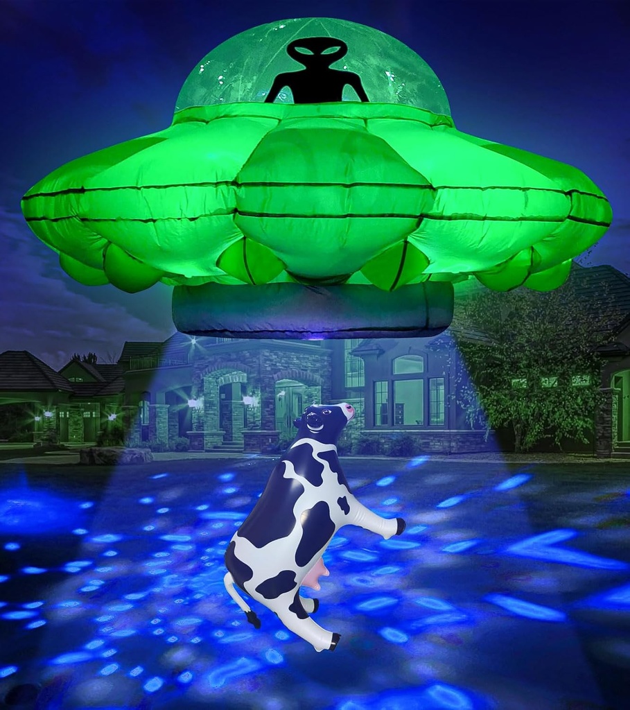 Alien Party Decorations 4.2FT Hanging UFO Cow Abduction Inflatable Alien Inflatable UFO Halloween Blow Up Built-in Green LED Blue&White Flashing Light with Cow Outdoor Indoor Home Garden Lawn Decor