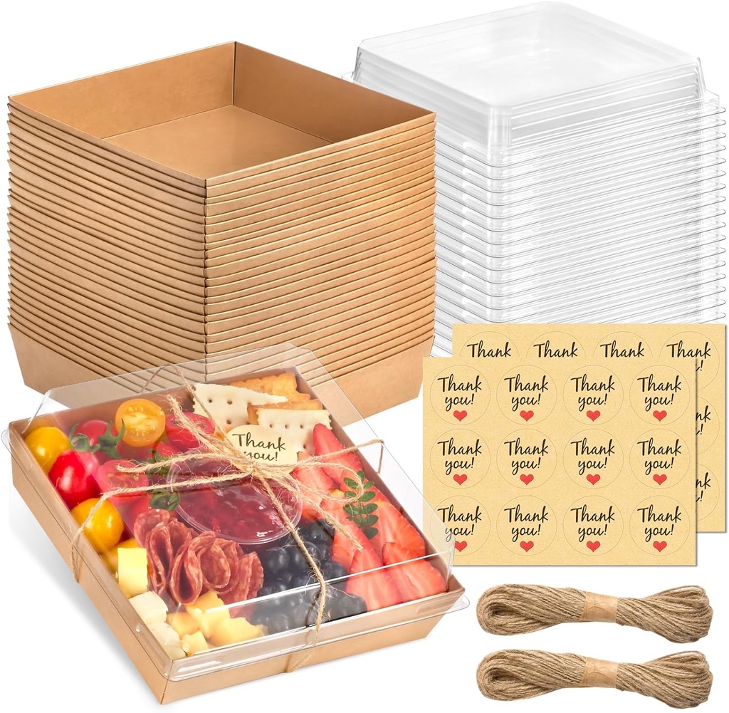 Kucoele 7 x 7 Inches Charcuterie Boxes with Clear Lids, 20 Pack Disposable Large Paper Charcuterie Boxes, To Go Food Containers for Charcuterie, Sandwiches, Cookies, Cake Slices, Strawberries (Brown)