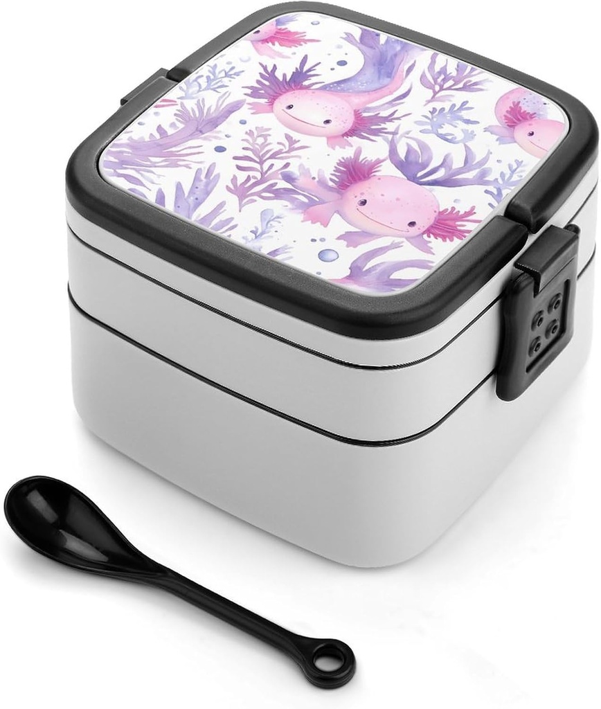 Watercolor Axolotls Portable Bento Box with Handle 2 Compartment Leak-Proof Stackable Lunch Box for Work Picnic Camping