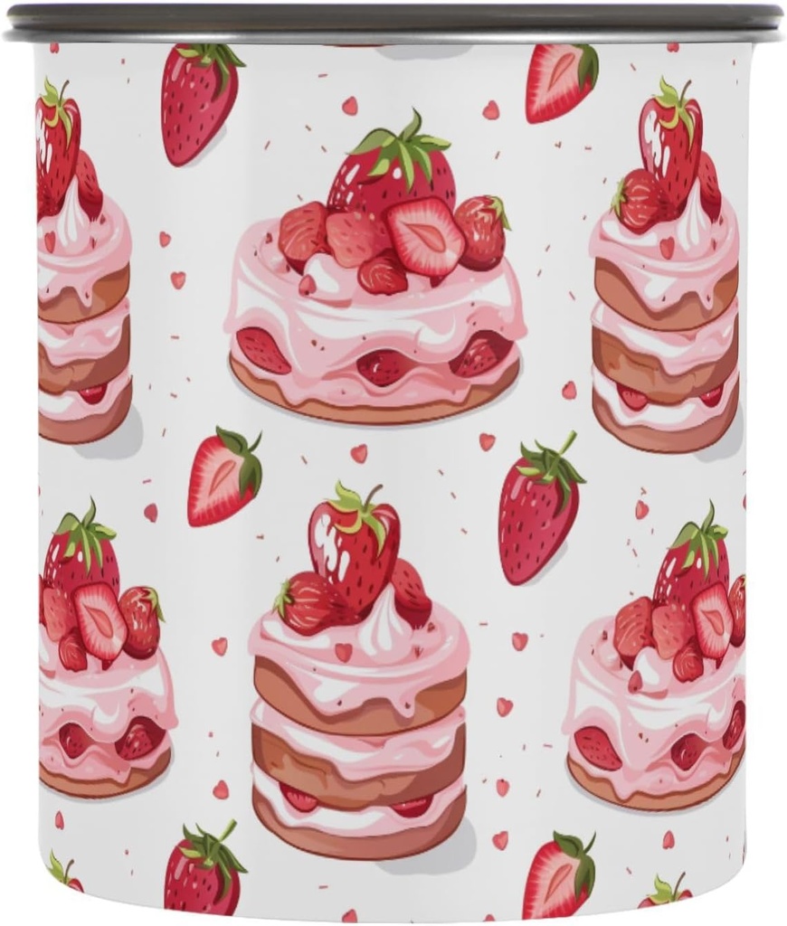 ALAZA Strawberry Cake Hearts Airtight Coffee Bean Canister 30oz Food Storage Containers with Lids For Gournd, Tea, Sugar, Flour, Rice, Cereal, Candy Cookie Jar