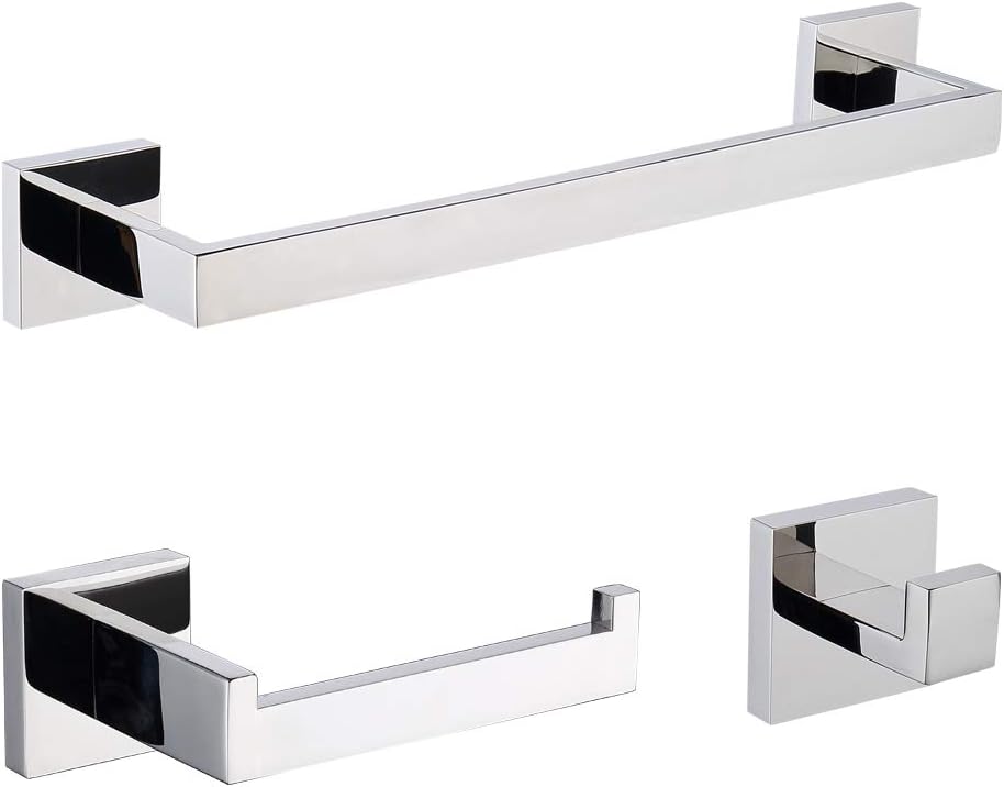 TASTOS 3-Piece Chrome Bathroom Hardware Accessory Set, Premium Stainless Steel Robe Hook Toilet Paper Holder 16-Inch Towel Bar Set Wall Mounted Square Style, Polished Finish (Silver)