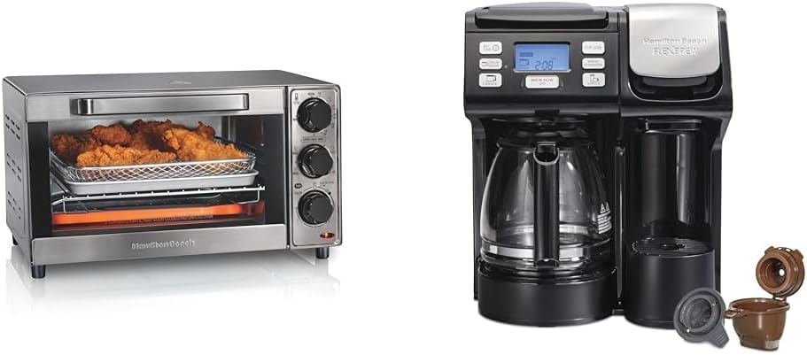 Hamilton Beach Sure-Crisp Toaster Oven Air Fryer Combo, Fits 9” Pizza, 4 Slice Capacity & FlexBrew Trio 2-Way Coffee Maker, Compatible with K-Cup Pods or Grounds