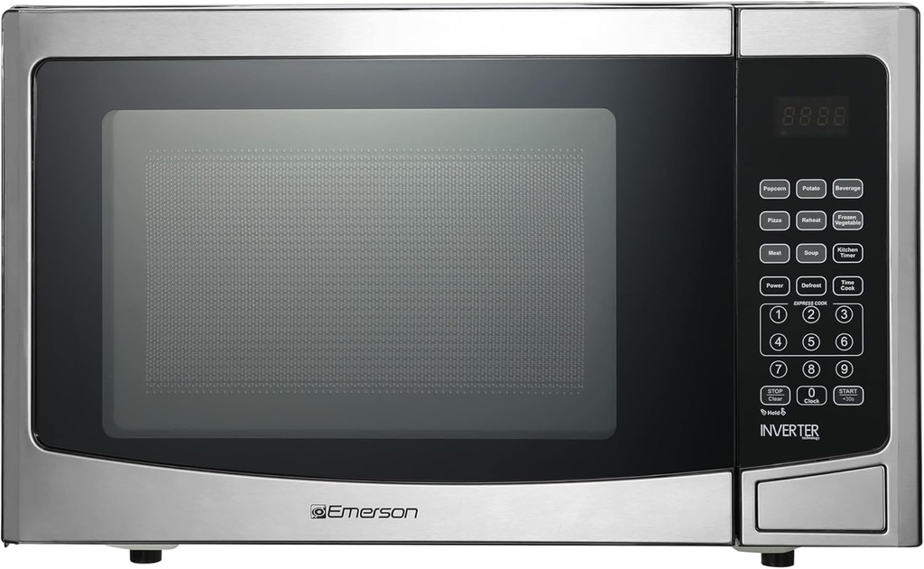 Emerson MWI1212SS Countertop Microwave Oven with Inverter and Button Control, LED Display 1000W 10 Power Levels, 8 Auto Menus, Glass Turntable and Child Safe Lock, 1.2 Cu. Ft, Stainless Steel