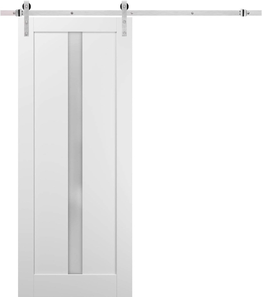 SARTODOORS Quadro 4112 | Interior Single Sliding barn Door with Frosted Glass, MDF, 42x96, White, Modern Style | Hardware Included