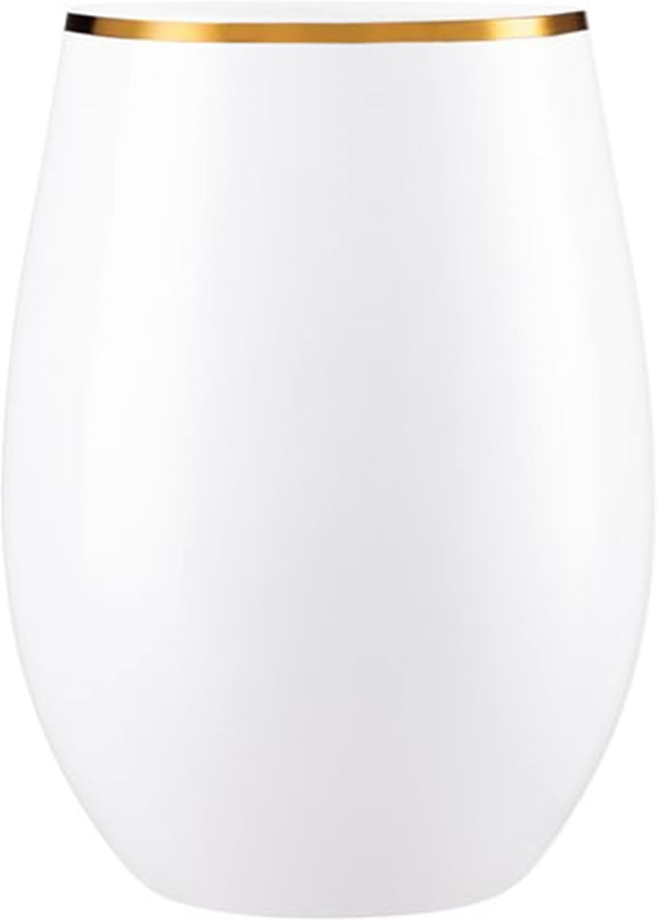 Disposable Plastic Elegant 16 Oz White Stemless Wine Goblets with Gold Rims - Set of 6 | Perfect for Parties & Special Occasions