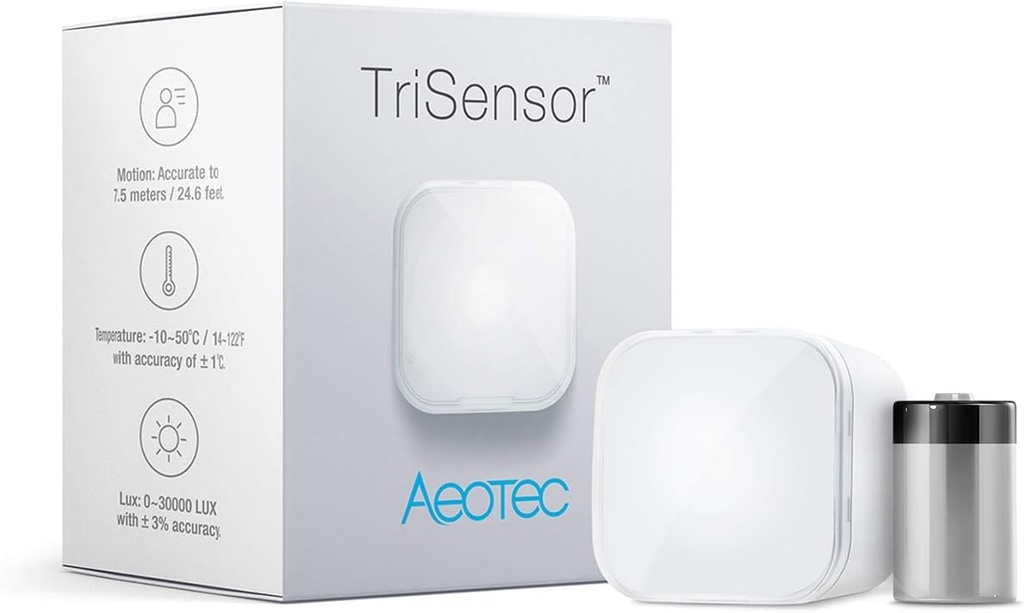 Aeotec TriSensor, Z-Wave Plus S2 Enabled Zwave Motion Sensor, Temperature, Light Sensor, Work with Zwave Hub Smartthings 3-in 1 Security System, Battery Powered