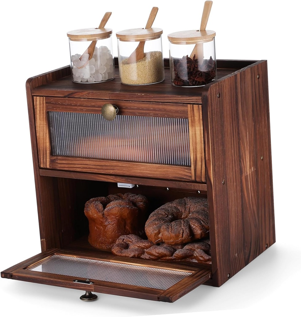 GLEAVI Double Layer Bread Holder for Kitchen Counter Vintage Rustic Bread Box Storage