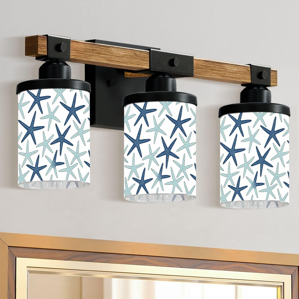 3-Light Bathroom Light Fixtures Coastal Nautical Starfish Repeat Navy Blue Turquoise White Bathroom Vanity Light with Glass Shade Wood Wall Sconces Wall Lamp for Mirror Bedroom Living Room