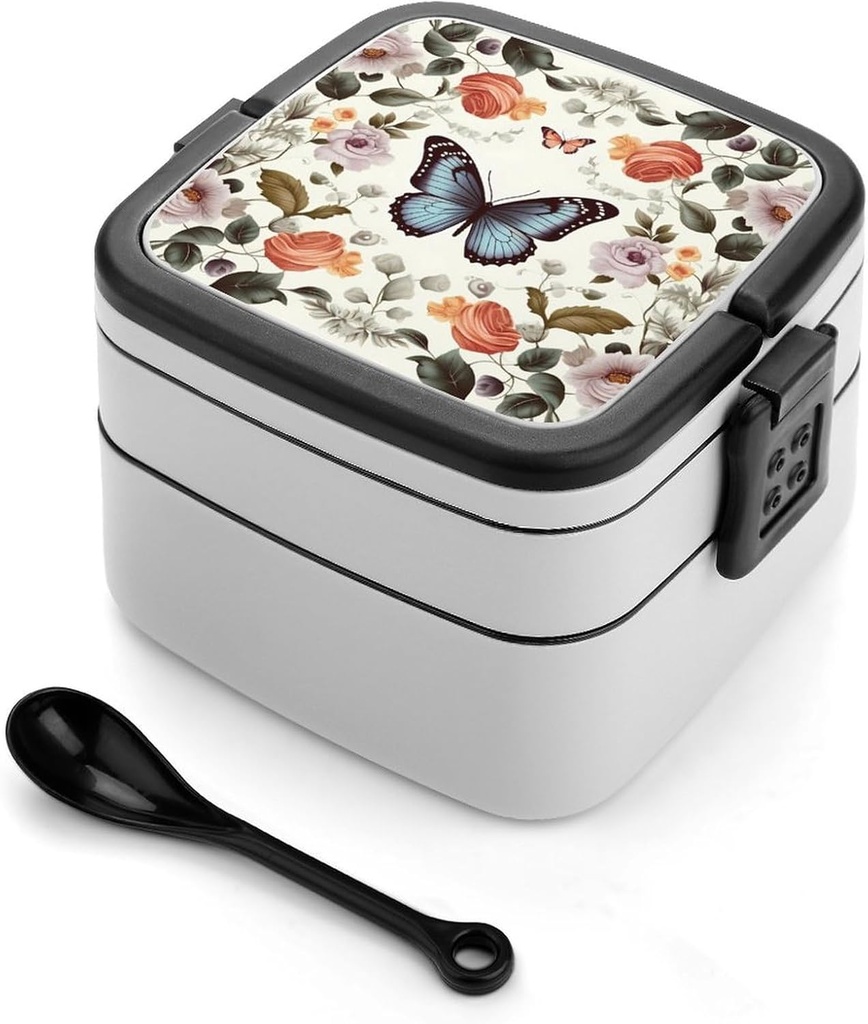 Flower Butterfly Bento Box Adult Lunch Box All-in-One Lunch Containers with Removable Compartments Double Layer Bento Lunch Box with Spoon And Handle Stackable Lunchbox