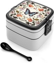 Flower Butterfly Bento Box Adult Lunch Box All-in-One Lunch Containers with Removable Compartments Double Layer Bento Lunch Box with Spoon And Handle Stackable Lunchbox
