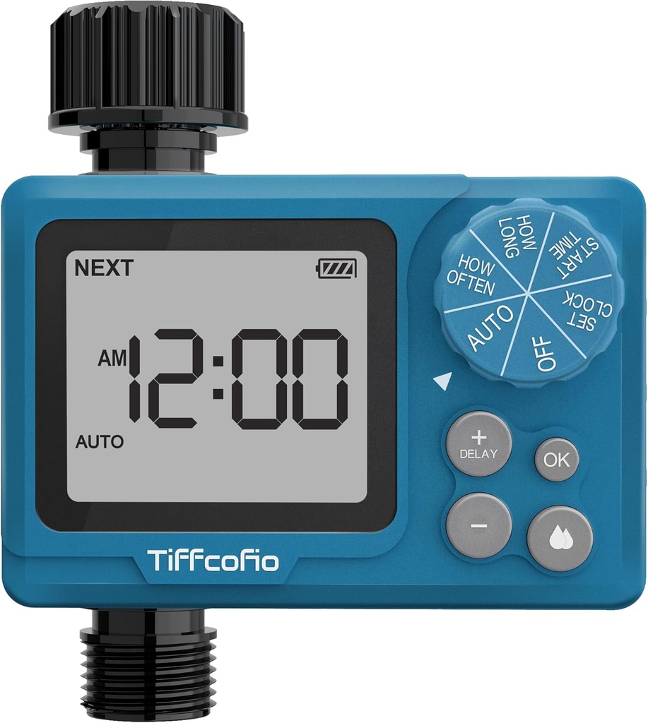 TiFFCOFiO Sprinkler Timer Outdoor, Digital Pogrammable for Garden Hose, Irrigrtion Timer with Rain Delay and Manual Mode (1 Pack)