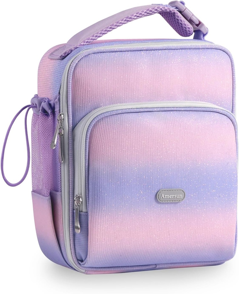 Amersun Kids Lunch Bag with Water Bottle Holder & Snacks Multi-Pocket for School, Water-resistant & Insulated Lunch Box for Kids, Children, Boys, Girls(Pink)
