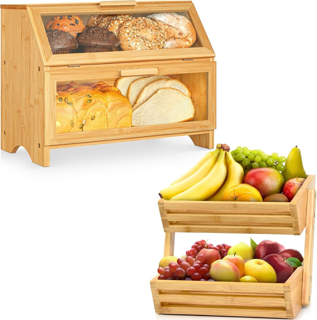 2-Tier Bamboo Fruit Basket & Double Layer Bamboo Bread Box