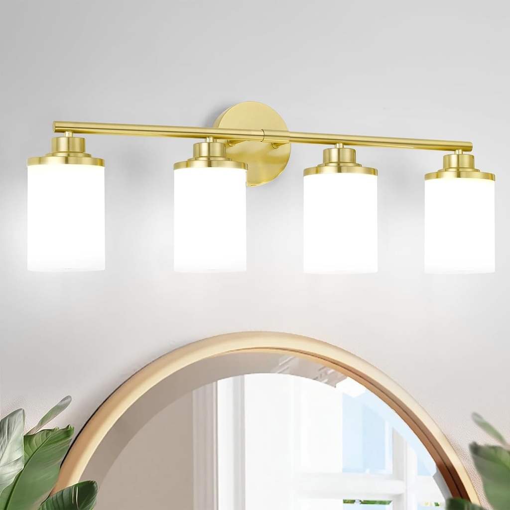Modern 4-Light Vanity Light Fixtures with Frosted Glass, Brushed Gold Bathroom Sconces Over Mirror